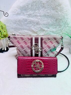 GUESS Red Logo Tapestry Like Fabric Crossbody Bag with Matching Wallet 💝